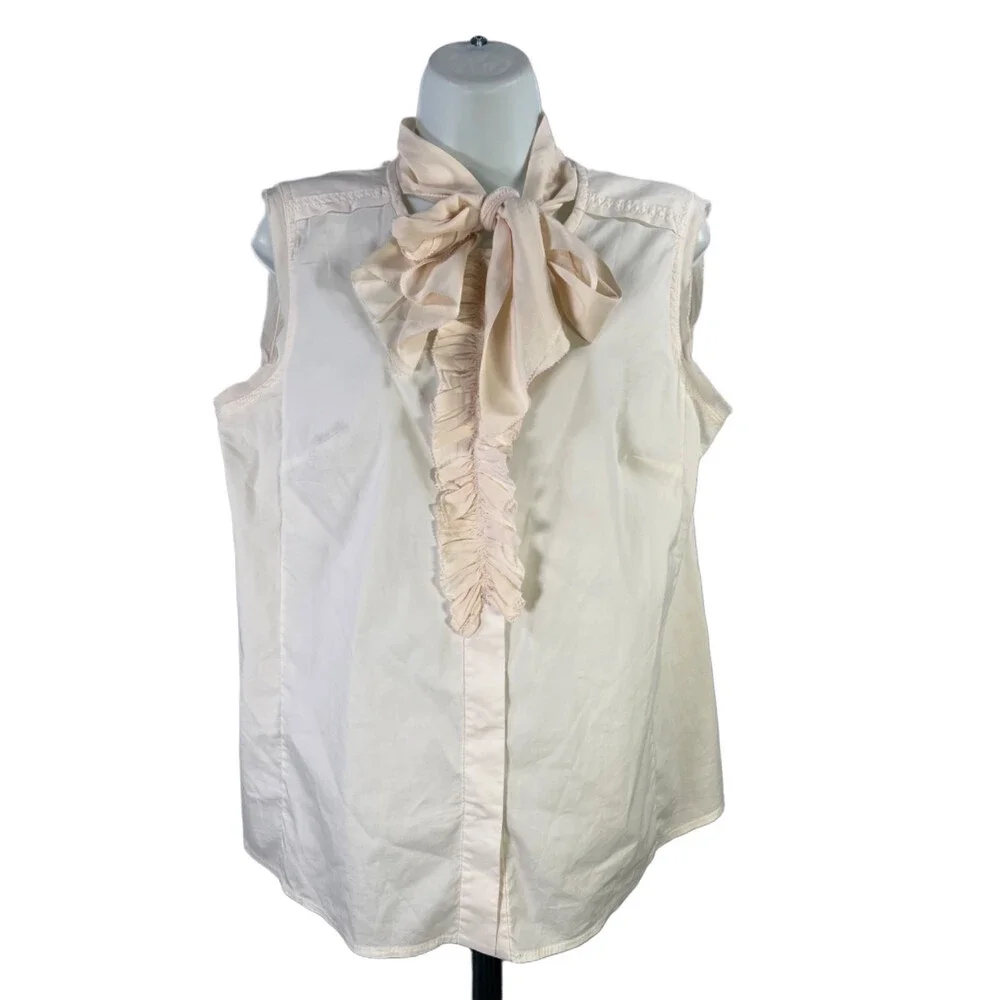 Tory Burch Women's Ivory Sleeveless Ruffle Front Silk Trim Blouse - 12